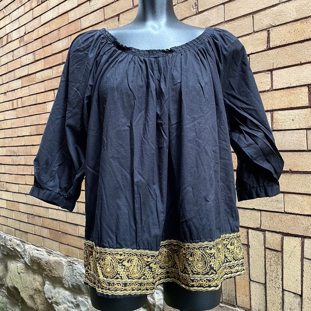 Michael Kors Black Boho Tunic Top with Gold Embroidered Hem Size Large